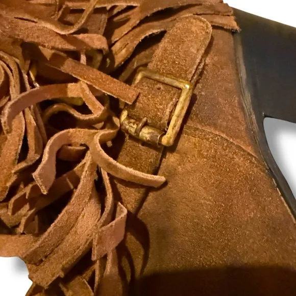 Freebird Belle Brown Fringe Boho Suede Leather Western Heeled Booties Sz‎ 8