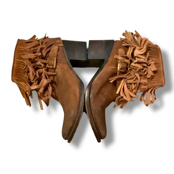 Freebird Belle Brown Fringe Boho Suede Leather Western Heeled Booties Sz‎ 8