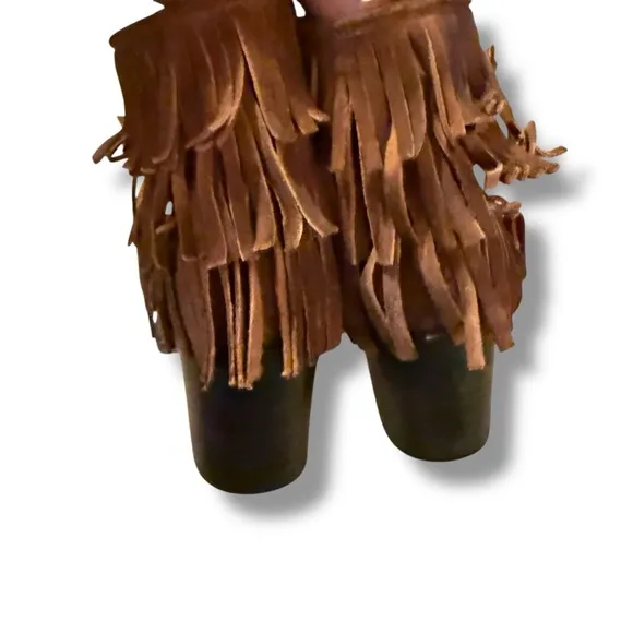 Freebird Belle Brown Fringe Boho Suede Leather Western Heeled Booties Sz‎ 8