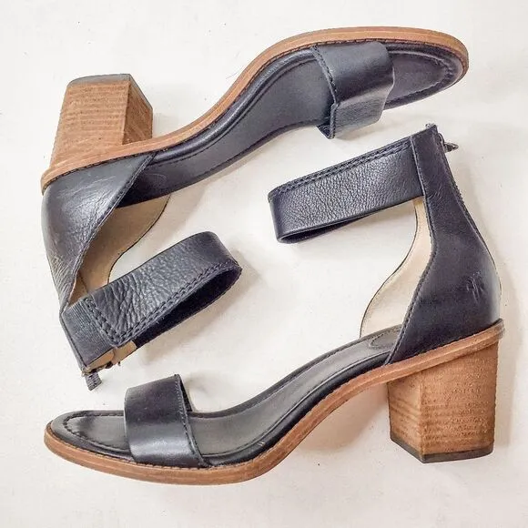 Frye Black Leather Brielle Chic Ankle Strap Block Heeled Sandals Size 9M