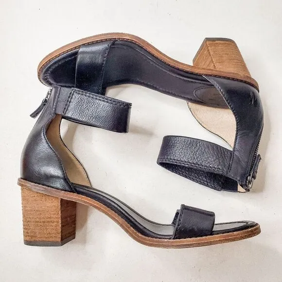 Frye Black Leather Brielle Chic Ankle Strap Block Heeled Sandals Size 9M