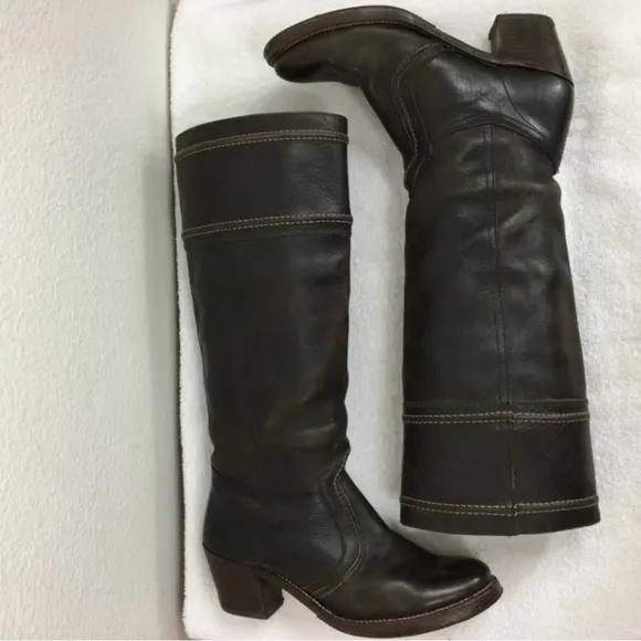 FRYE Dark Brown Leather Jane Riding Knee High Western Heel Boots #77231 Size 6.5