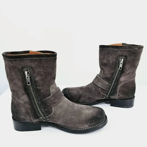 Frye Vicky Engineer Moto Boots 6.5 B Charcoal Grey Suede Leather Side Zip Buckle