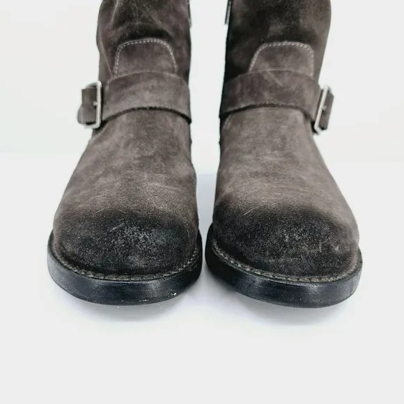 Frye Vicky Engineer Moto Boots 6.5 B Charcoal Grey Suede Leather Side Zip Buckle