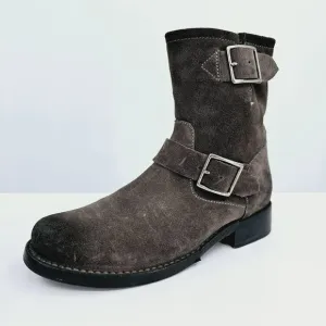 Frye Vicky Engineer Moto Boots 6.5 B Charcoal Grey Suede Leather Side Zip Buckle