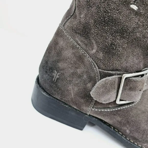 Frye Vicky Engineer Moto Boots 6.5 B Charcoal Grey Suede Leather Side Zip Buckle