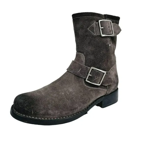 Frye Vicky Engineer Moto Boots 6.5 B Charcoal Grey Suede Leather Side Zip Buckle