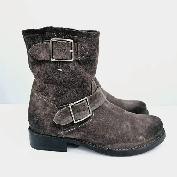 Frye Vicky Engineer Moto Boots 6.5 B Charcoal Grey Suede Leather Side Zip Buckle