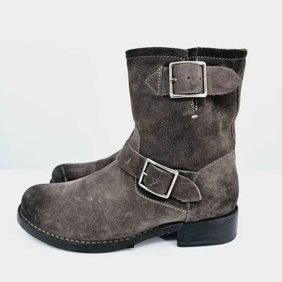 Frye Vicky Engineer Moto Boots 6.5 B Charcoal Grey Suede Leather Side Zip Buckle
