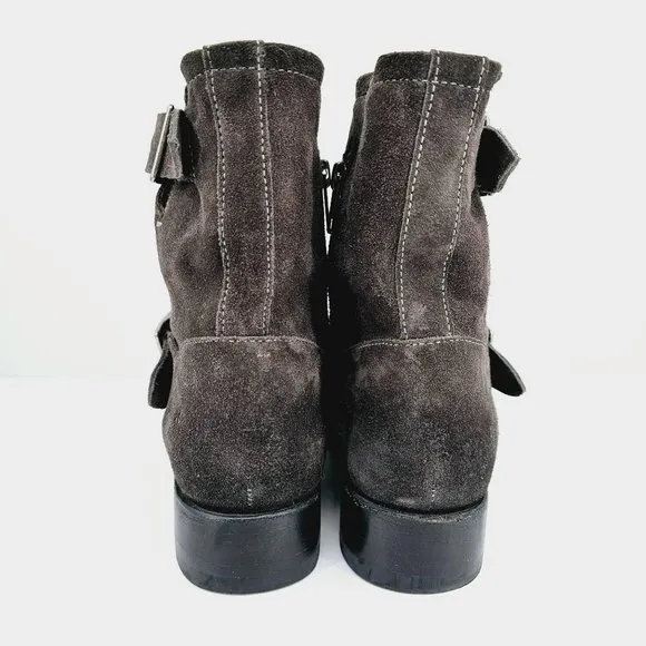Frye Vicky Engineer Moto Boots 6.5 B Charcoal Grey Suede Leather Side Zip Buckle
