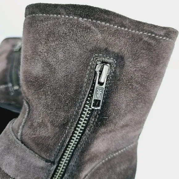 Frye Vicky Engineer Moto Boots 6.5 B Charcoal Grey Suede Leather Side Zip Buckle