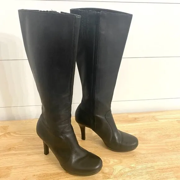 Gianni Bini Black Leather Tall Platform Heel Boots, Women’s Size 6.5