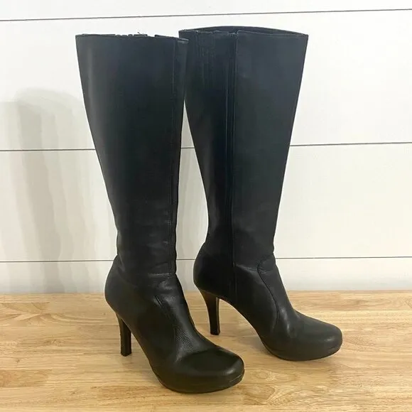 Gianni Bini Black Leather Tall Platform Heel Boots, Women’s Size 6.5