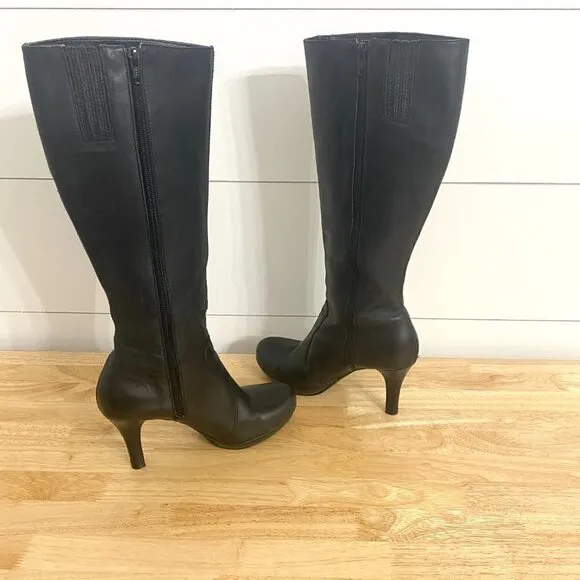 Gianni Bini Black Leather Tall Platform Heel Boots, Women’s Size 6.5