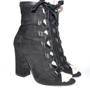 Gianvito Rossi Black Suede Brooklyn 100 Lace-Up Block Heel Booties SIZE 7 EU 37
