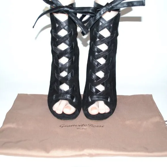 Gianvito Rossi Black Suede Brooklyn 100 Lace-Up Block Heel Booties SIZE 7 EU 37