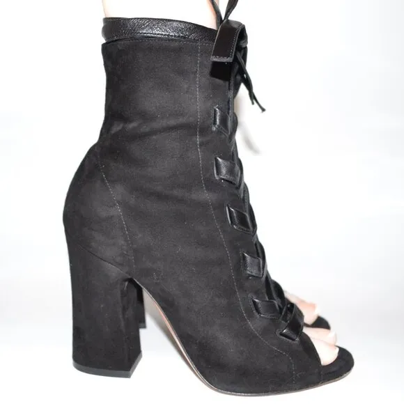 Gianvito Rossi Black Suede Brooklyn 100 Lace-Up Block Heel Booties SIZE 7 EU 37