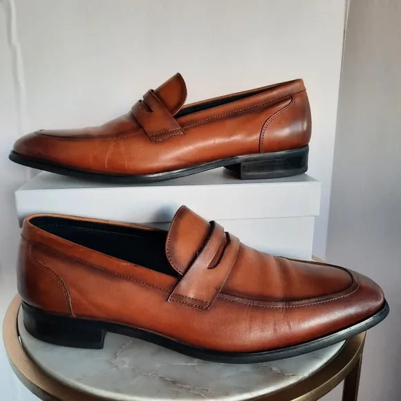 Gifennse Handmade Leather Dress Shoes Loafers Mens Size 11 Brown Cognac