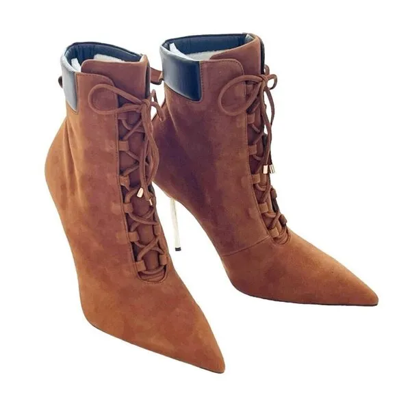 Good American Boots Womens Size 8 Tobacco Suede Pointed Toe Scandal Booties NIB