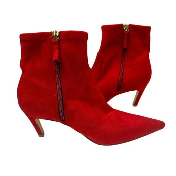 GOOD AMERICAN Red Booties Size 6 Icon Faux Suede Ankle Heel Pointy Boots