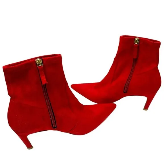 GOOD AMERICAN Red Booties Size 6 Icon Faux Suede Ankle Heel Pointy Boots