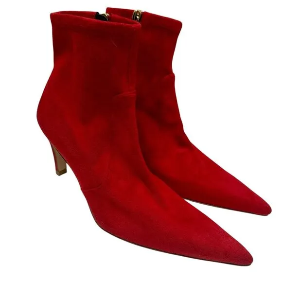 GOOD AMERICAN Red Booties Size 6 Icon Faux Suede Ankle Heel Pointy Boots