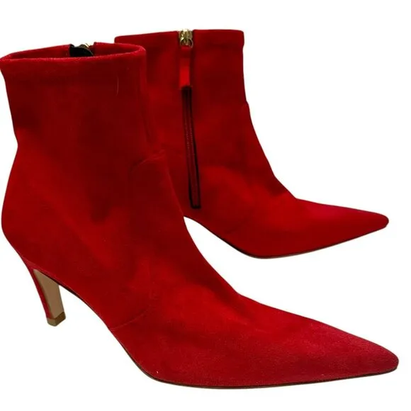 GOOD AMERICAN Red Booties Size 6 Icon Faux Suede Ankle Heel Pointy Boots