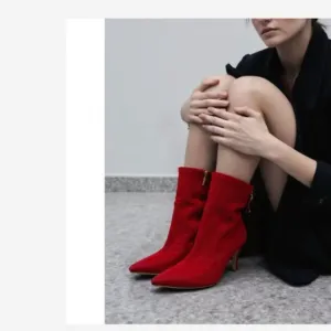 GOOD AMERICAN Red Booties Size 6 Icon Faux Suede Ankle Heel Pointy Boots
