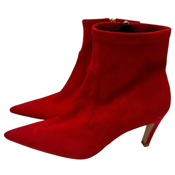 GOOD AMERICAN Red Booties Size 6 Icon Faux Suede Ankle Heel Pointy Boots