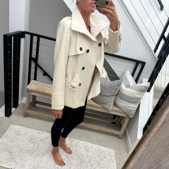 Green Envy Classic Cream Double-Breasted Wool Blend Trench Coat Fall Jacket M