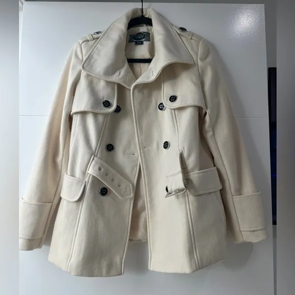Green Envy Classic Cream Double-Breasted Wool Blend Trench Coat Fall Jacket M