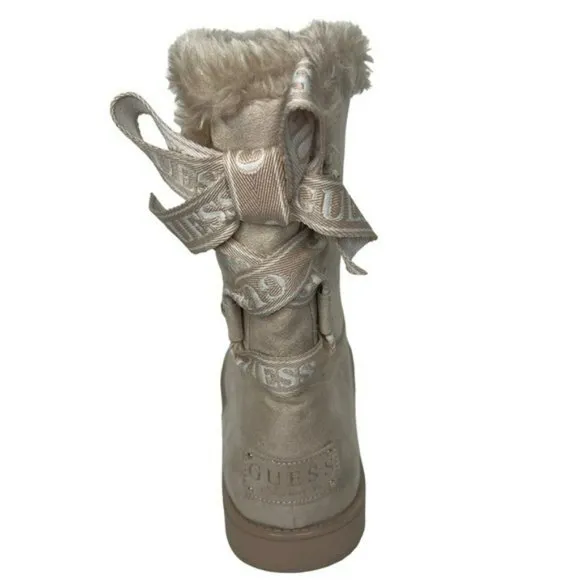 Guess Allyse Sand Logo Bow Suede Faux Fur Mid Calf Winter Boots Size 9M