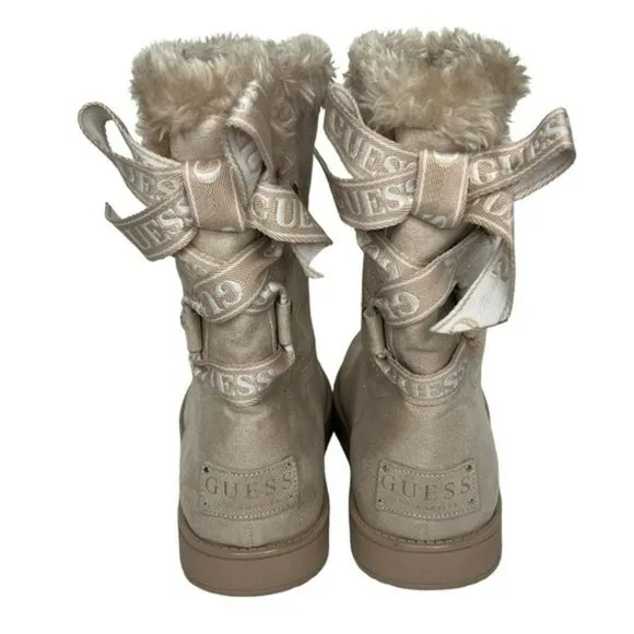Guess Allyse Sand Logo Bow Suede Faux Fur Mid Calf Winter Boots Size 9M
