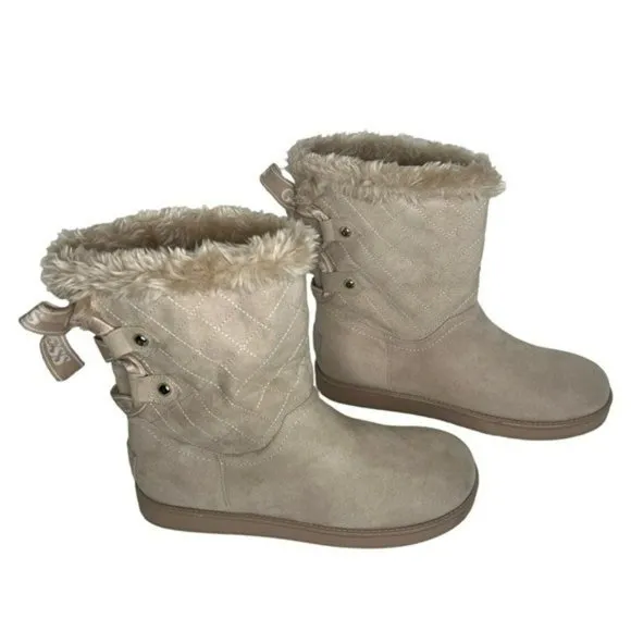 Guess Allyse Sand Logo Bow Suede Faux Fur Mid Calf Winter Boots Size 9M