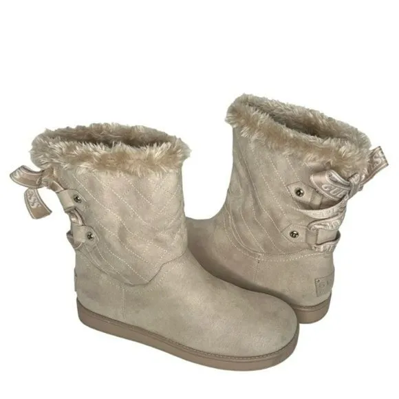 Guess Allyse Sand Logo Bow Suede Faux Fur Mid Calf Winter Boots Size 9M