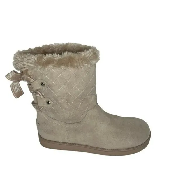 Guess Allyse Sand Logo Bow Suede Faux Fur Mid Calf Winter Boots Size 9M