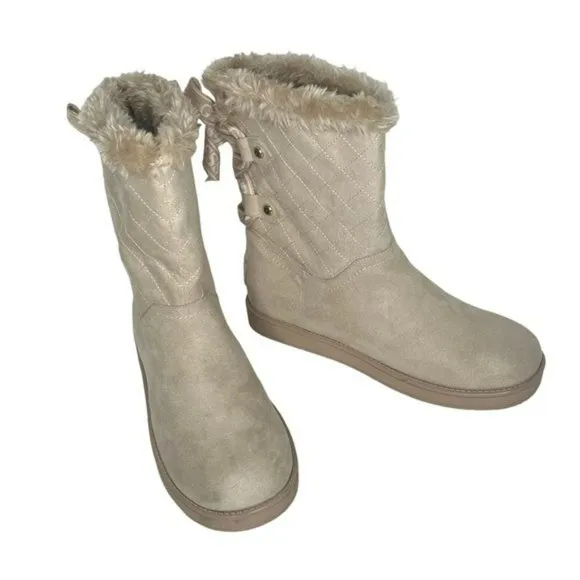 Guess Allyse Sand Logo Bow Suede Faux Fur Mid Calf Winter Boots Size 9M