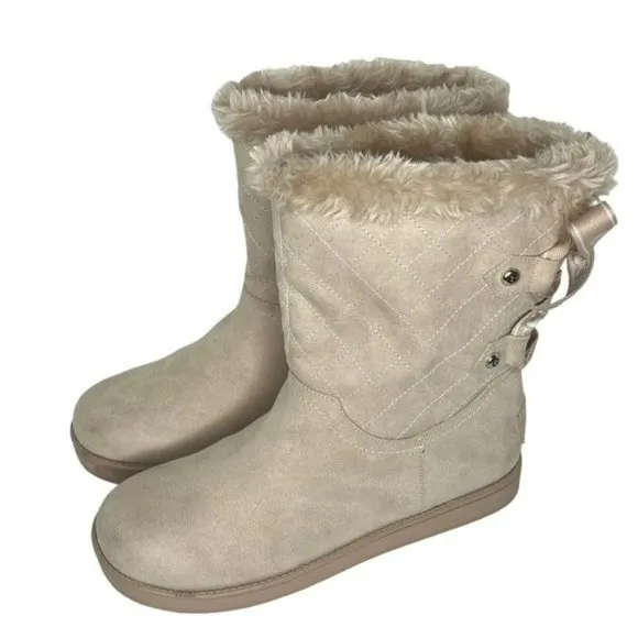 Guess Allyse Sand Logo Bow Suede Faux Fur Mid Calf Winter Boots Size 9M