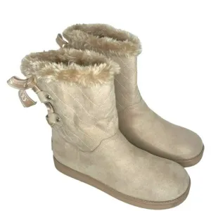 Guess Allyse Sand Logo Bow Suede Faux Fur Mid Calf Winter Boots Size 9M