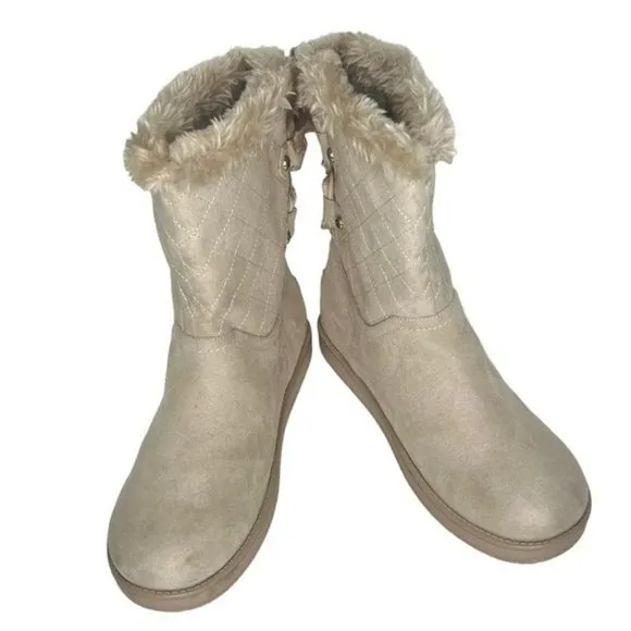 Guess Allyse Sand Logo Bow Suede Faux Fur Mid Calf Winter Boots Size 9M