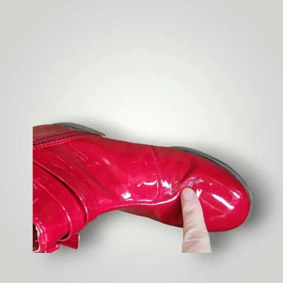 Gymboree Red Kids Boots with Bow size 2 Red Boots Side Zips Faux Patent Leather
