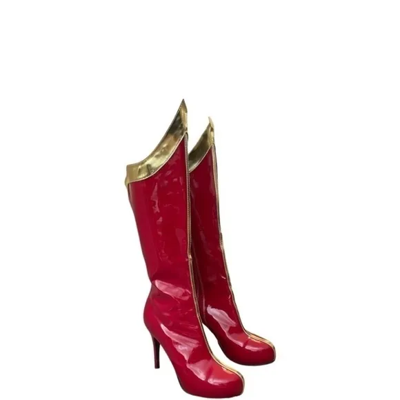 Halloween Costume Platform Boots Red Gold Faux Patent Leather Women’s Size 9.
