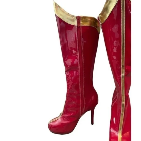 Halloween Costume Platform Boots Red Gold Faux Patent Leather Women’s Size 9.
