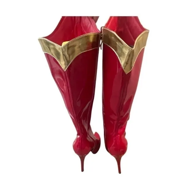 Halloween Costume Platform Boots Red Gold Faux Patent Leather Women’s Size 9.