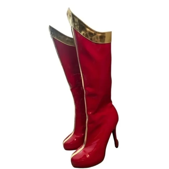 Halloween Costume Platform Boots Red Gold Faux Patent Leather Women’s Size 9.