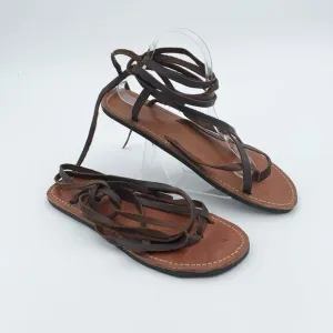 Handmade brown leather gladiator lace up sandals flat barefoot style
