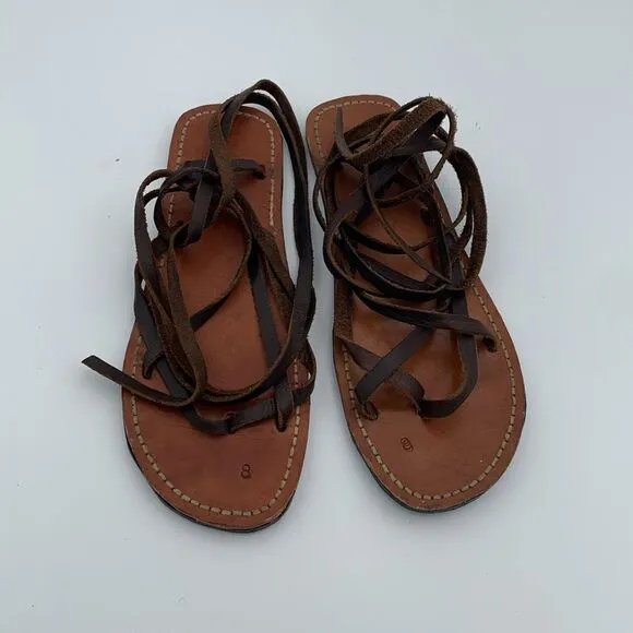 Handmade brown leather gladiator lace up sandals flat barefoot style