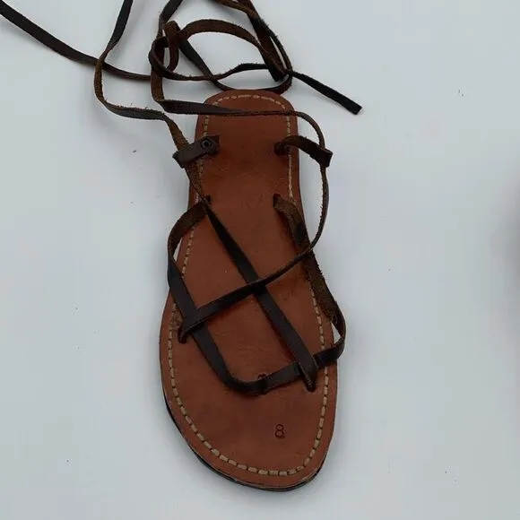 Handmade brown leather gladiator lace up sandals flat barefoot style