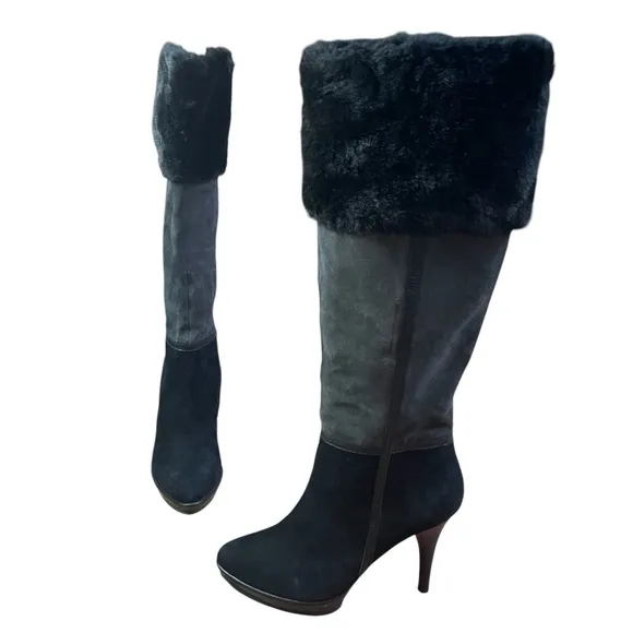 Heeled Knee-High Chic Women's Black Faux Suede and Fur Boots Inside zip 7.5