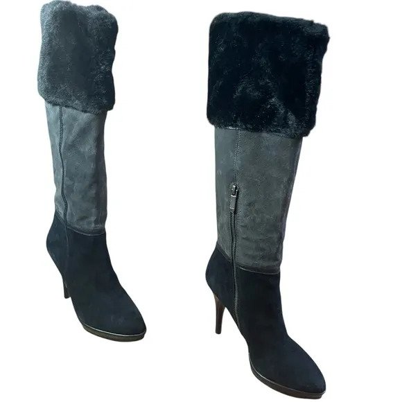 Heeled Knee-High Chic Women's Black Faux Suede and Fur Boots Inside zip 7.5